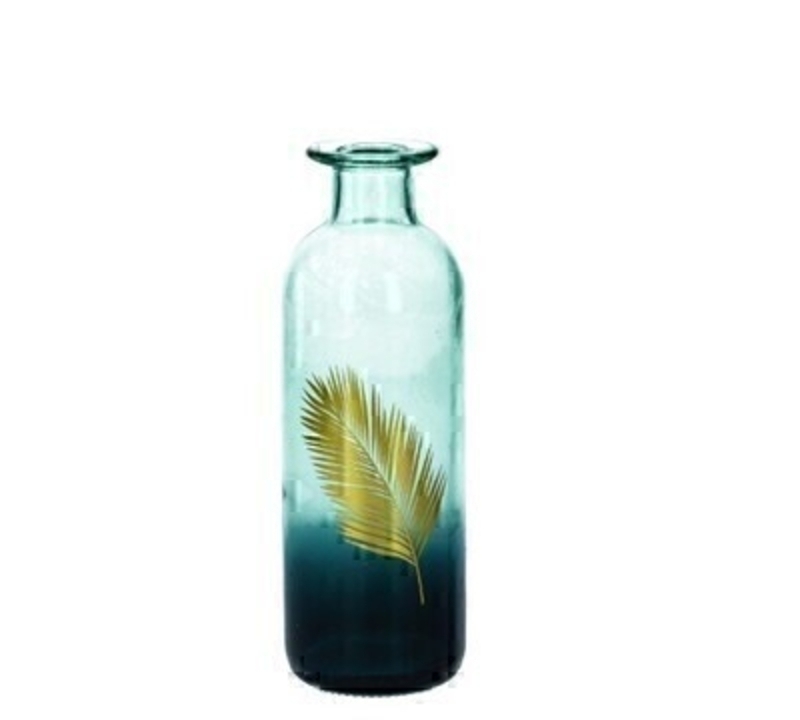 <p>Delicate bottle shaped glass vase. This lovely small glass vase has an ombre style and is decorated with a gold palm leaf that would look good in use or not. Made by designer Gisela Graham who designs really beautiful gifts for your garden and home. Would make an ideal gift. Also comes available in a larger size. Size (LxWxD) 5.5x16.5x5.5cm</p>